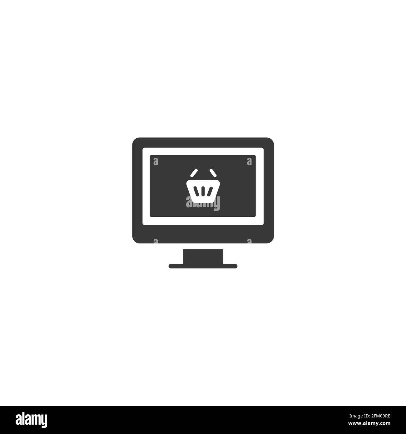 Online-Shop auf weißem Hintergrund. Computerbildschirm und Warenkorb. Isoliertes Symbol. Commerce Glyphe Vektor Illustration Stock Vektor