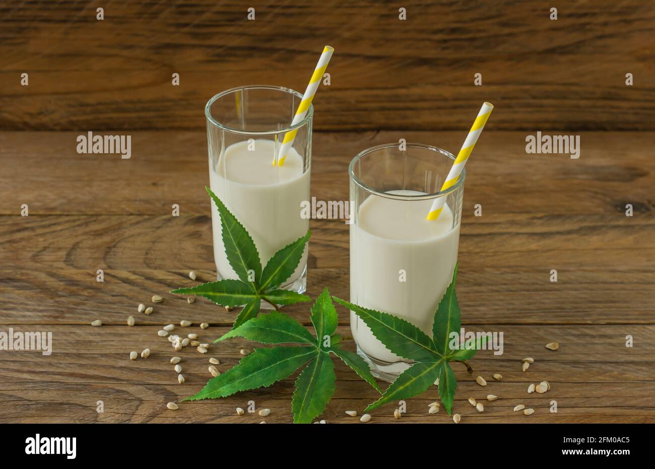 Gläser mit Cannabis pflanzlichem veganem Gluten und laktosefreier Milch und Cannabisblättern auf Holztisch. Stockfoto