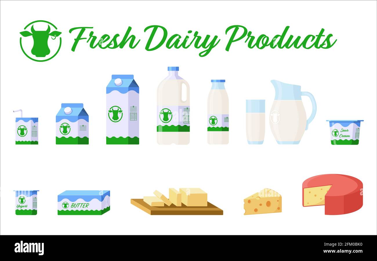 Sammlung von Milchprodukten - Milch in verschiedenen Verpackungen - Karton, Glas, Krug, Joghurt, Käse, Butter, saure Rahm. Vektorgrafik, isoliert auf weißem Hintergrund Stock Vektor