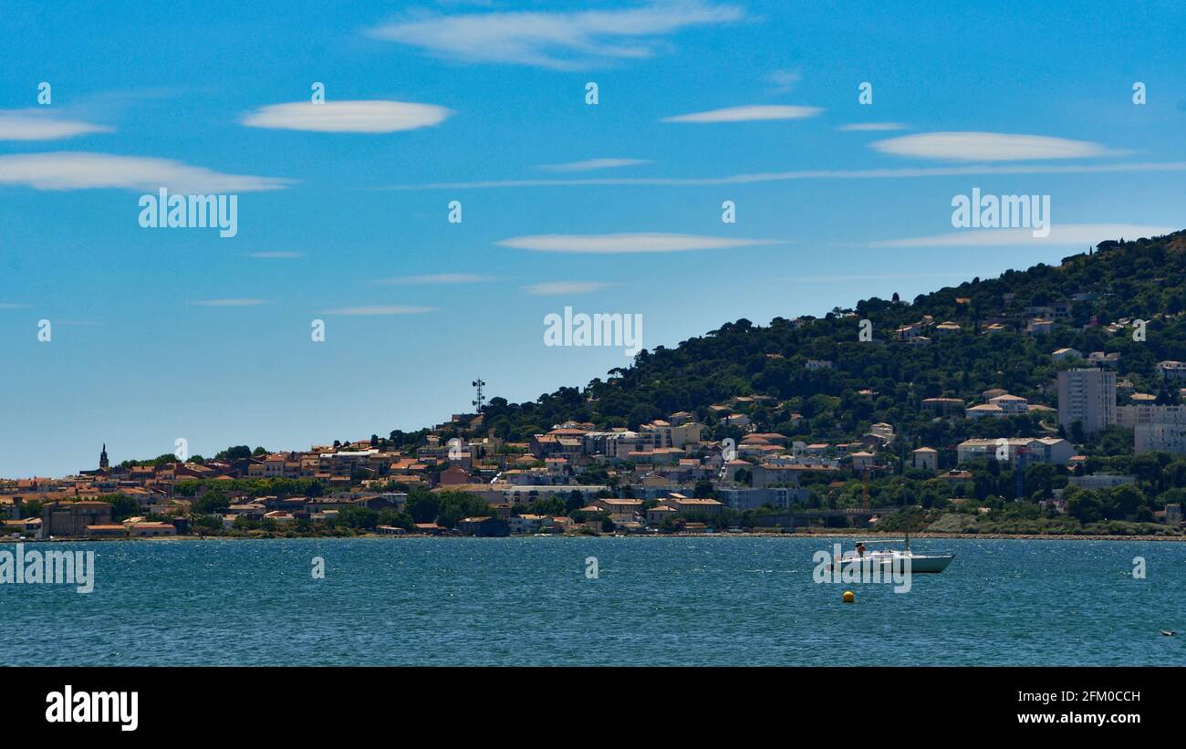 Blick auf das Mittelmeer von Balaruc les Bains, Palavas les Flots, Montpellier, die Region von Ostfrankreich Stockfoto