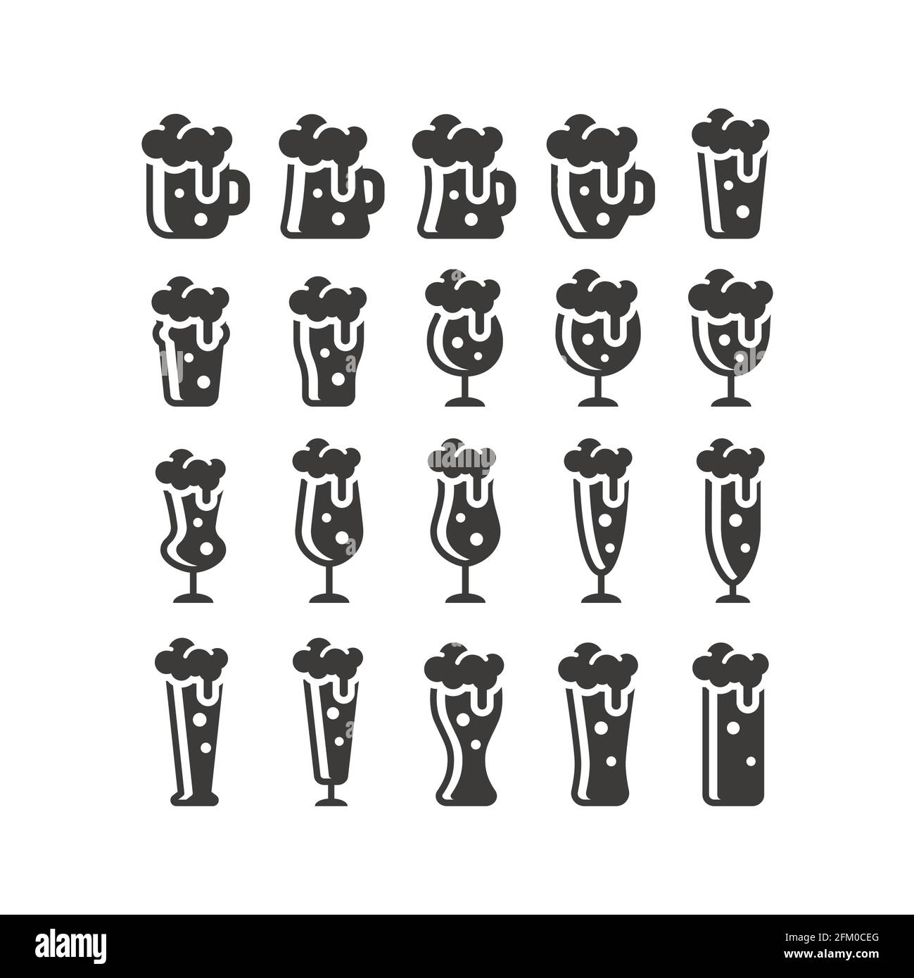 Vektorsymbole für Biergläser. Becher, Pint, Pilsner-Glas-Ikonen. Stock Vektor