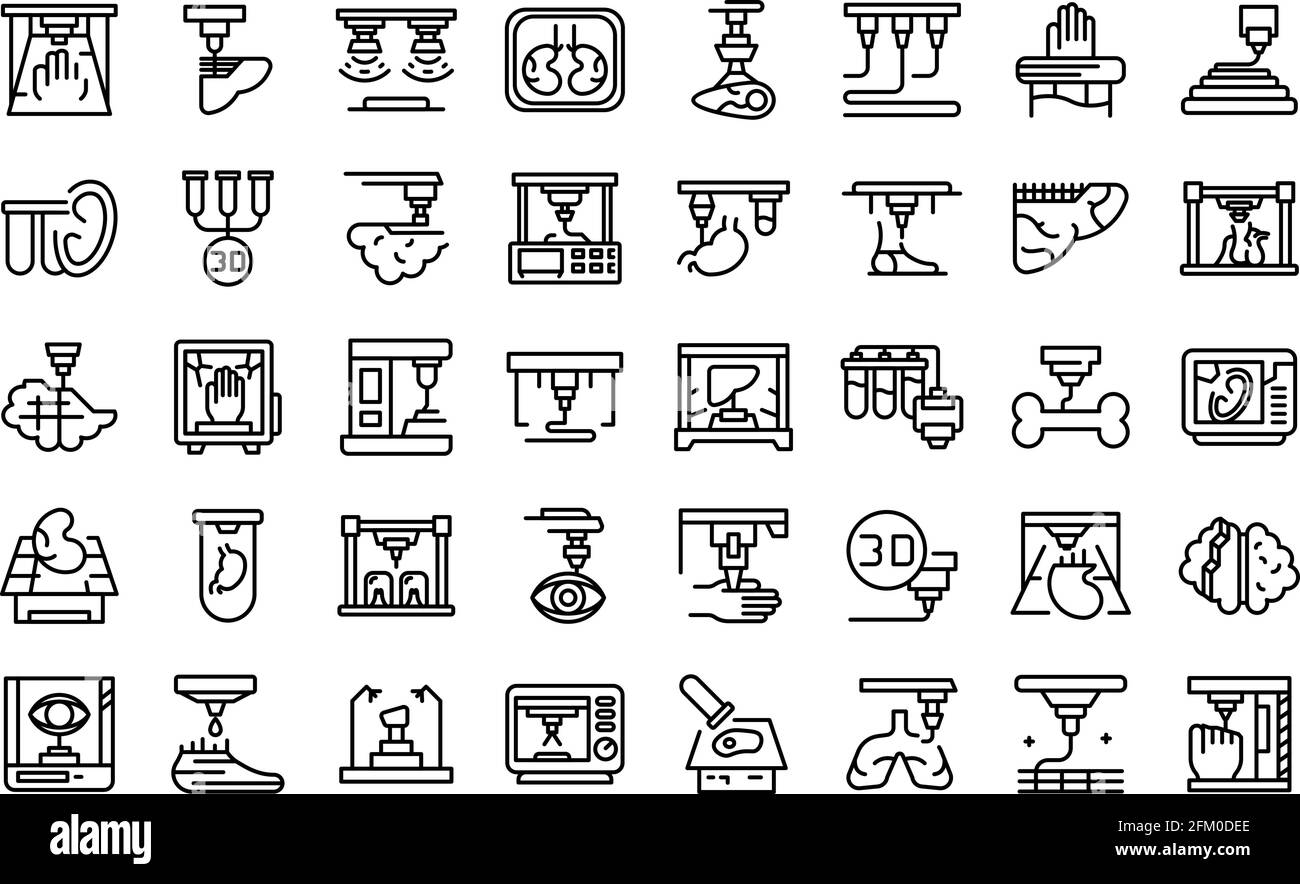 Bioprinting-Symbole gesetzt. Skizzieren Sie einen Satz von Bioprinting-Vektorsymbolen für Webdesign isoliert auf weißem Hintergrund Stock Vektor