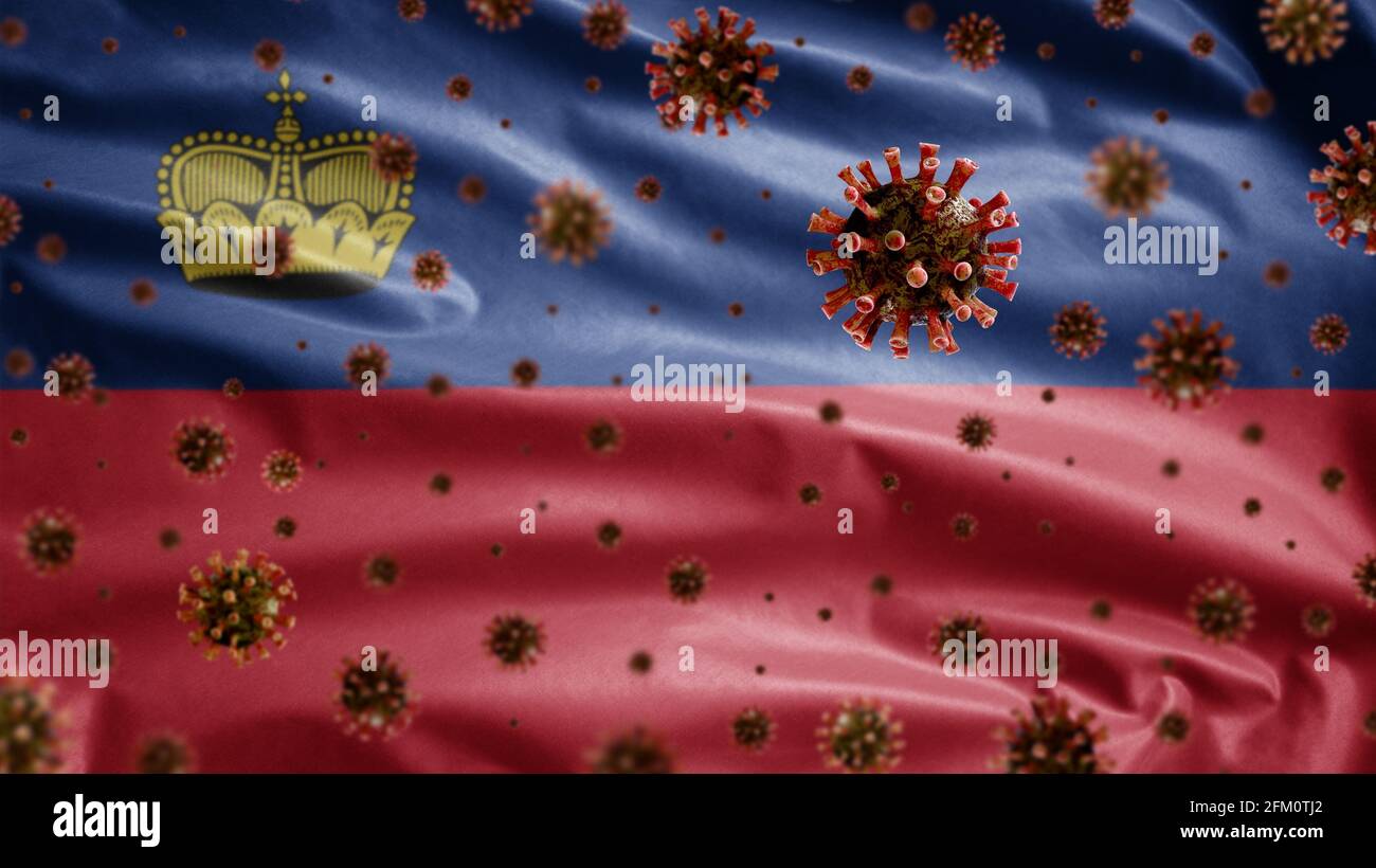 3D, das Grippe-Coronavirus schwimmt über der Liechtensteiner-Flagge, einem Erreger, der die Atemwege angreift. Liechtenstein Banner winkt mit Pandemie von Co Stockfoto
