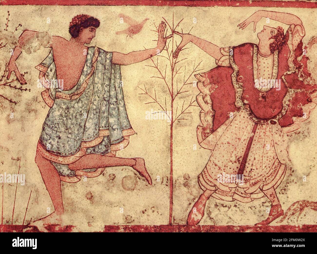 Das Grabmal des Triclinium (italienisch: Tomba del Triclinio) oder das Begräbnisbett (del Letto Funebre) ist ein etruskisches Grabmal in der Nekropole von Monterozzi bei Tarquinia, eines der berühmtesten etruskischen Grabmäler - Detail zweier Tänzer an der rechten Wand Stockfoto