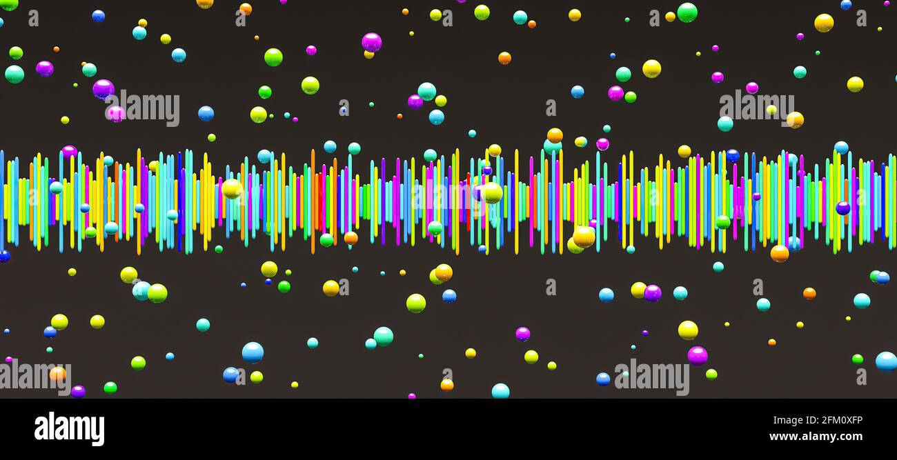 3D-Rendering von Schallwellen-Balken aller Farben mit Kugeln um Stockfoto