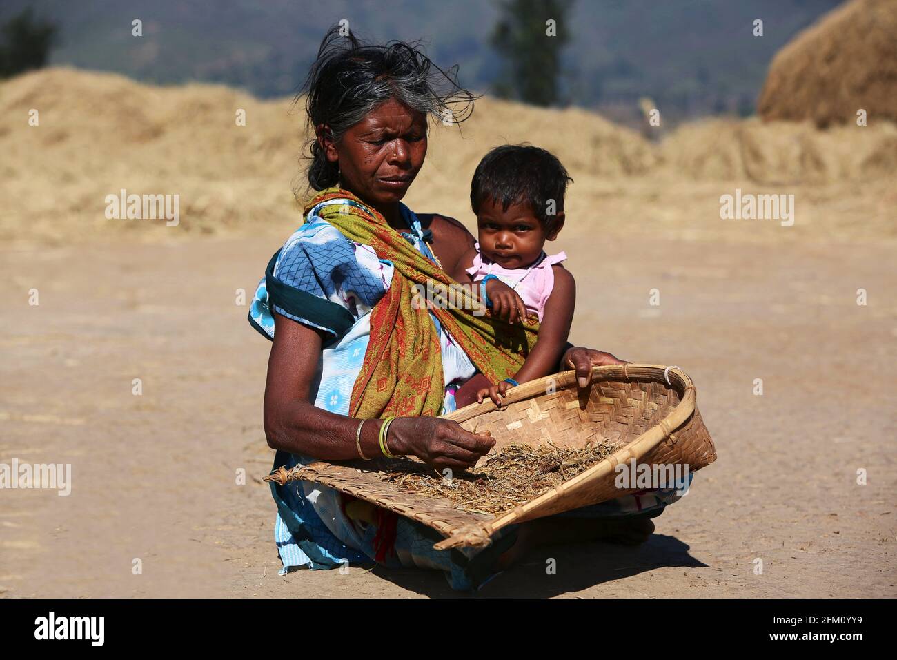 Die alte Frau aus dem Stamm hält ihren Enkel, trägt eine Pfanne in den Händen und schält Getreide im Dorf Madagada, Andhra Pradesh, Indien. BHAKTA TR Stockfoto