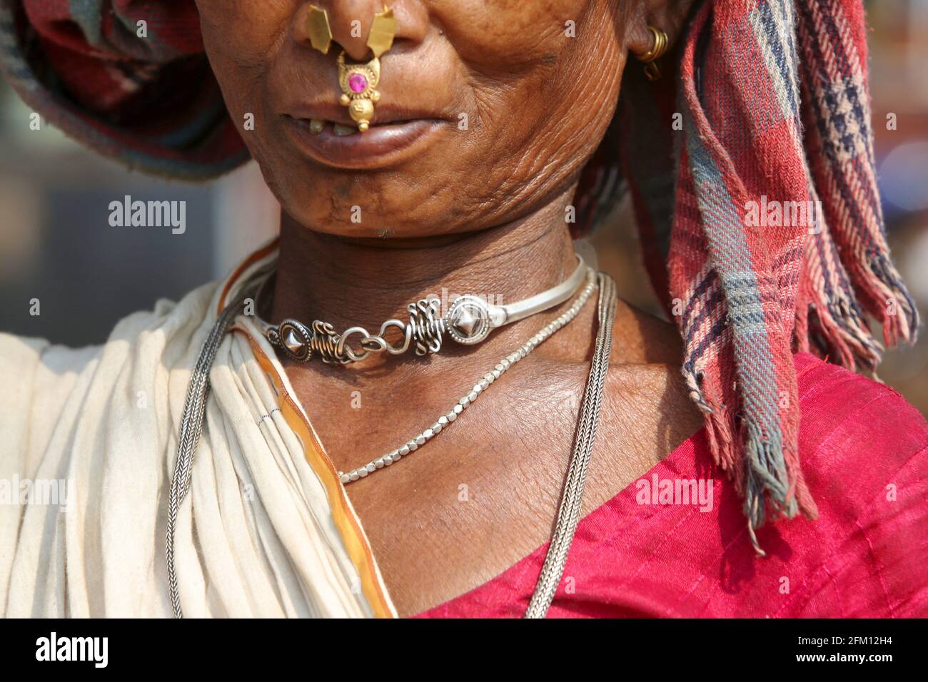 Alte Stammesfrau mit silbernem Nasenring und Halskette in Seethampeta, Andhra Pradesh, Indien. SAVARA-STAMM Stockfoto