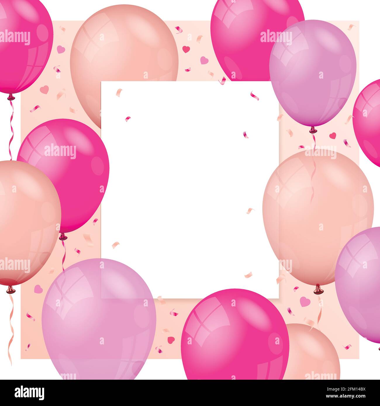 Hintergrund mit fliegenden Luftballons, Papierbanner und Konfetti-Partikeln. Stock Vektor