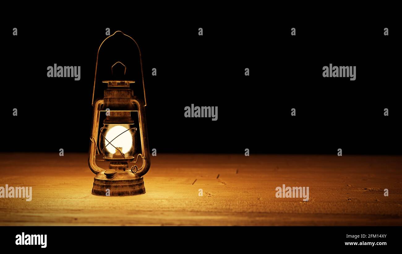 Alte Gaslaterne auf Holztisch mit leerem Platz Stockfoto