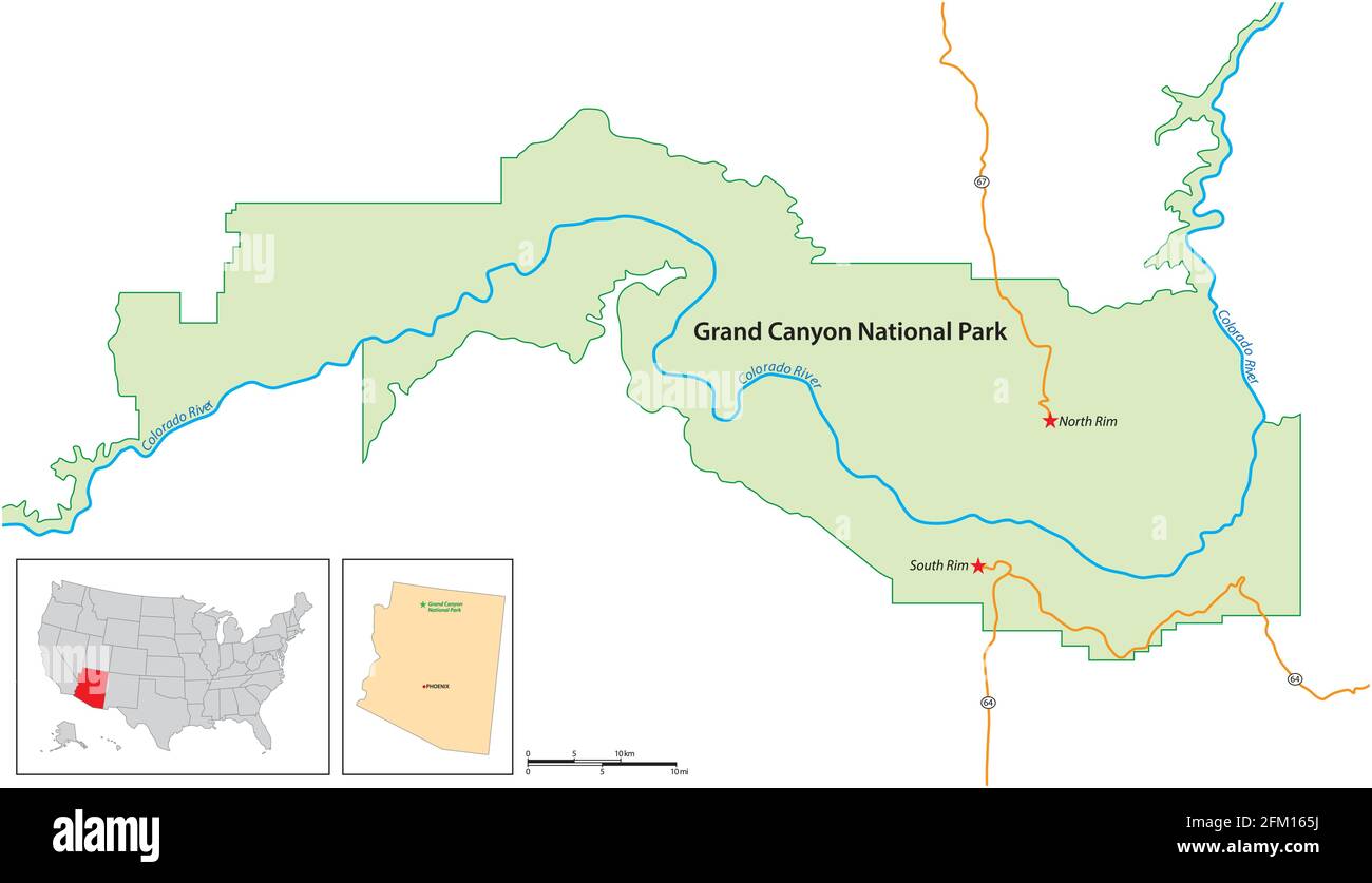 Einfache Übersichtskarte des Grand Canyon National Park, Arizona, USA Stock Vektor