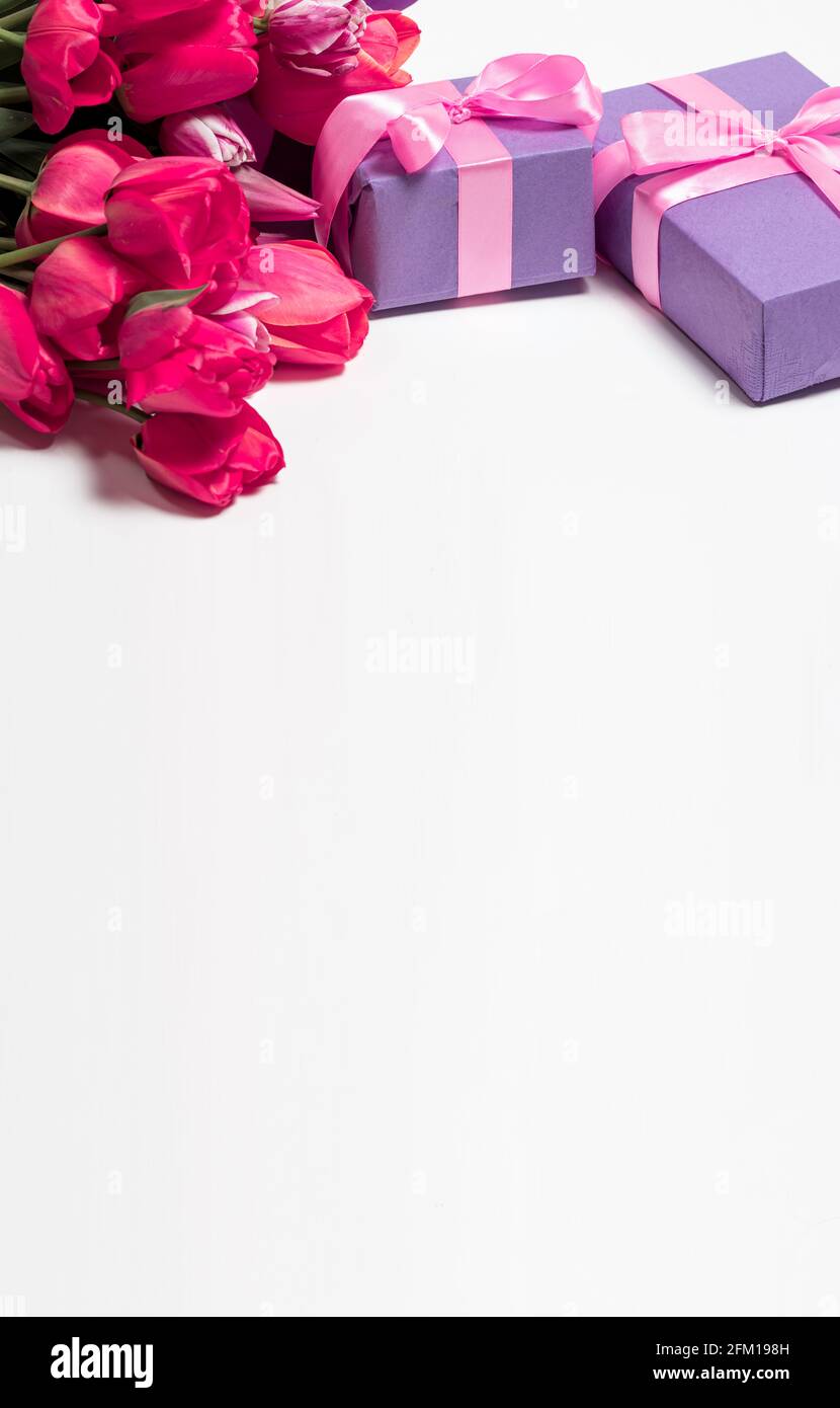 Rote Tulpen und rosa Geschenkbox mit Platz für Text. Vertikale Feiertagskarte für die Beschriftung Stockfoto