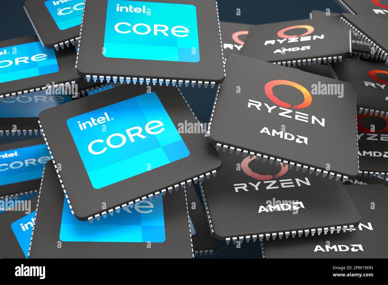 CPUs der konkurrierenden Marken Intel Core und AMD Ryzen fallen auf einen Tisch. CPUs als 3d-Rendering modellieren. Stockfoto
