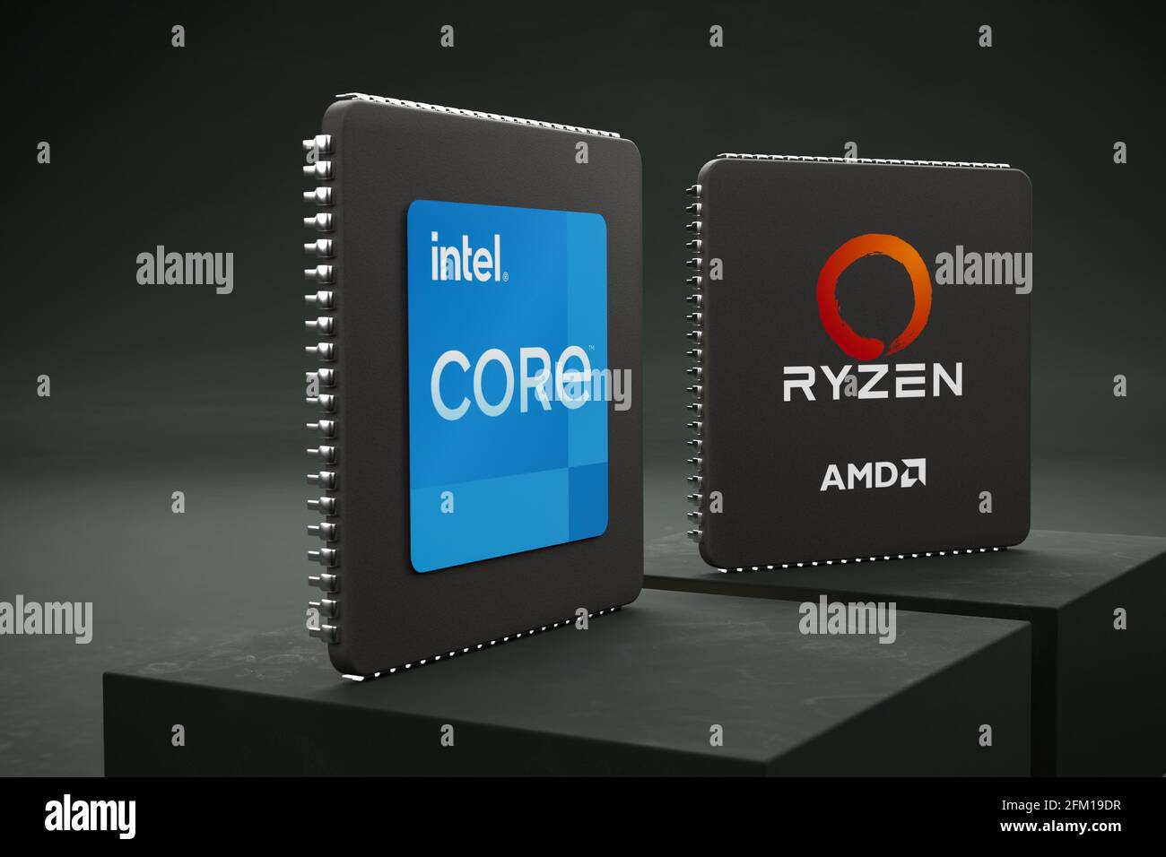 CPUs der konkurrierenden Marken Intel Core und AMD Ryzen stehen auf zwei Sockeln. CPUs als 3d-Rendering modellieren. Stockfoto