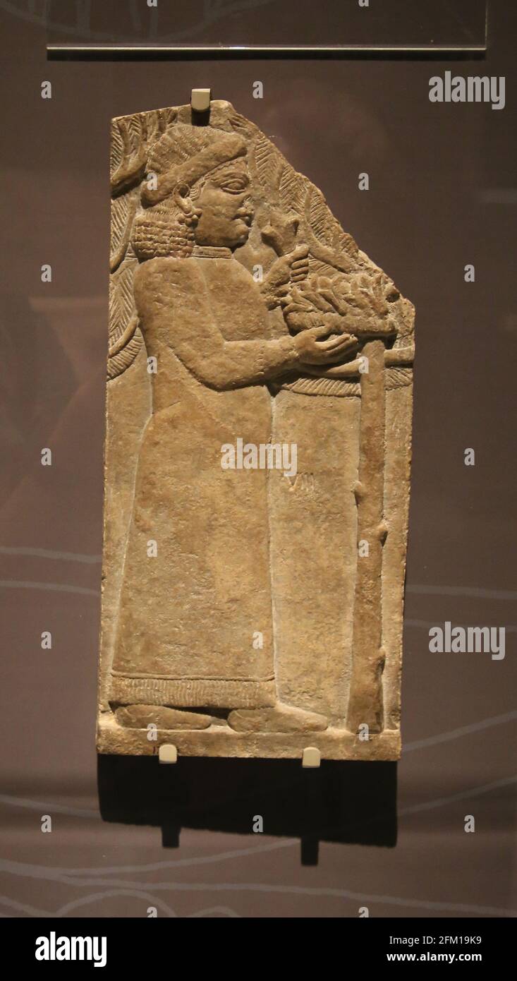 Neo-Assyrer. Entlastung. Frau mit Blumen. Nördlicher Palast. Ninive. Irak. 645-635 V. CHR. Gips. British Museum. London. Stockfoto
