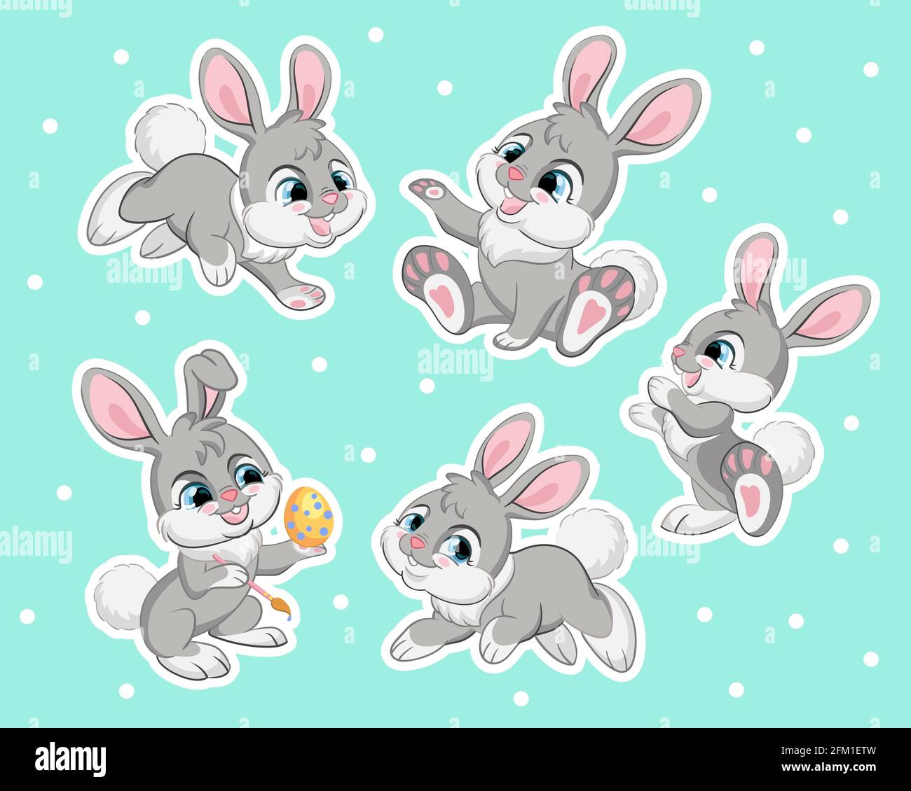 Set von niedlichen Cartoon grauen Kaninchen. Vektor-isolierte Illustration. Für Postkarte, Poster, Kindergartengestaltung, Grußkarte, Aufkleber, Zimmereinrichtung, Party, nur Stock Vektor