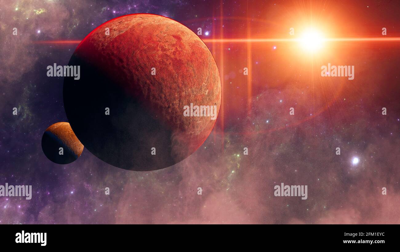 Planeten und Exoplaneten von unerforschten Galaxien. Sci-Fi. Neue Welten zu entdecken. Besiedlung und Erforschung von Nebel und Galaxien. Planet und Ringe Stockfoto