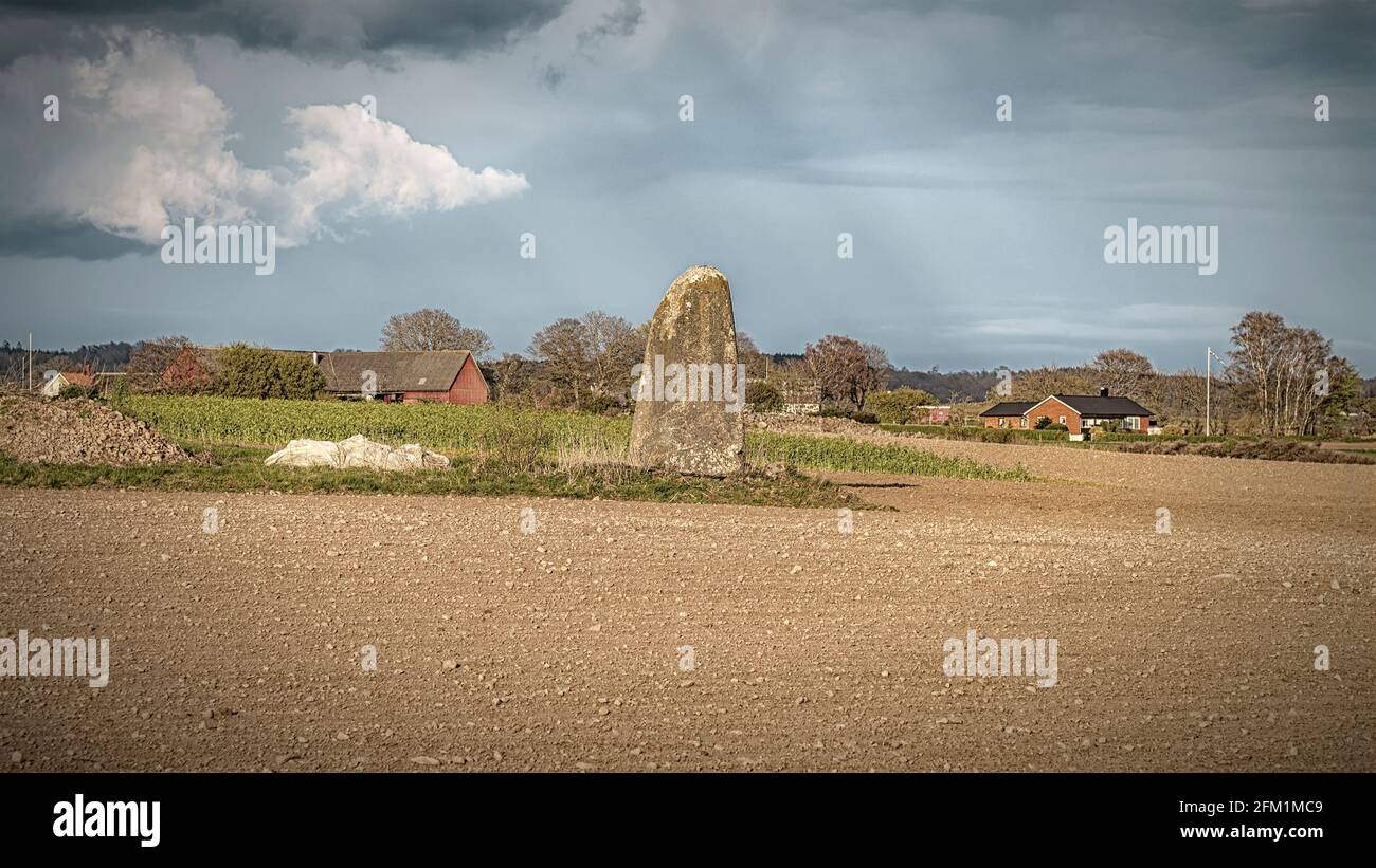 Ein einziger stehender Stein in der schwedischen Landschaft Stockfoto