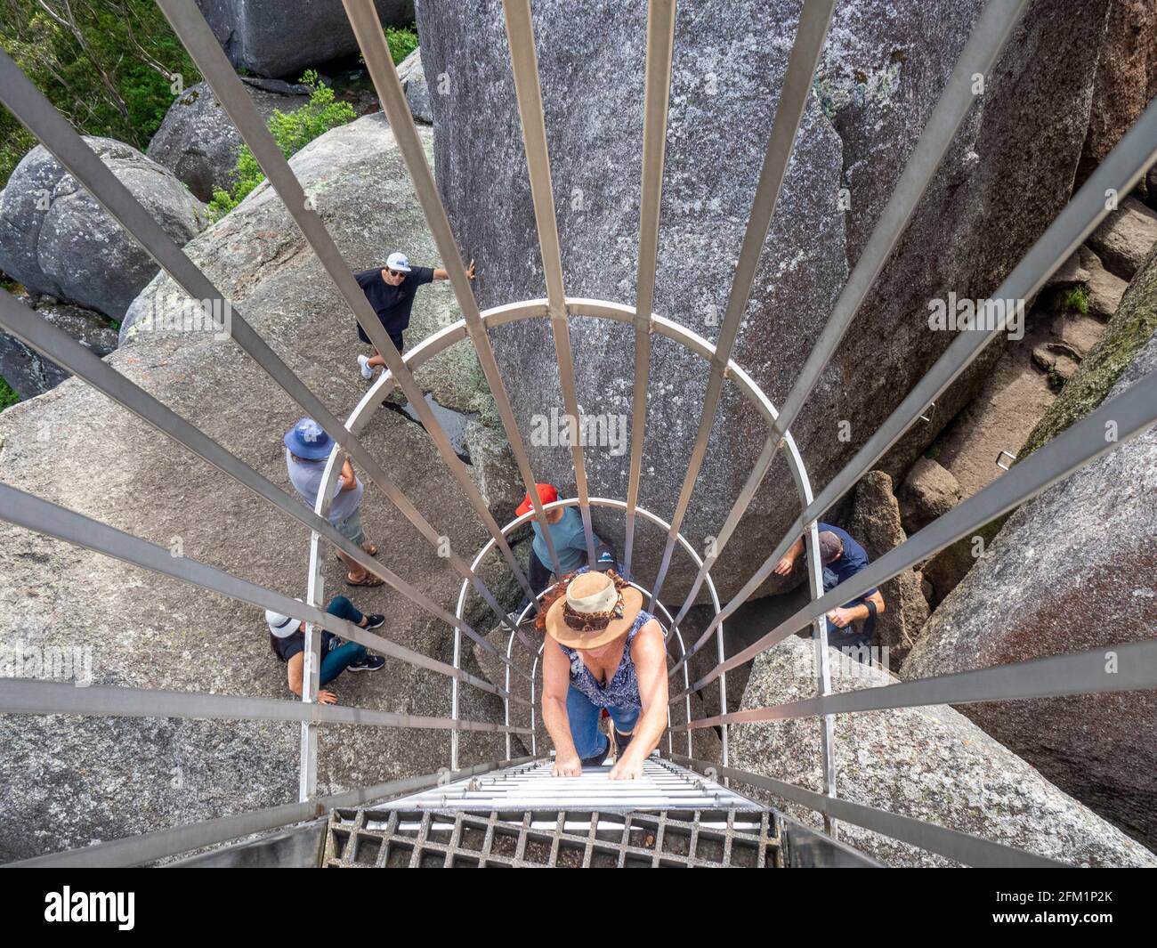 Weibliche kaukasische Touristen klettern Käfigleiter auf Granite Skywalk im Castle Rock Porongurup National Park Western Australia. Stockfoto