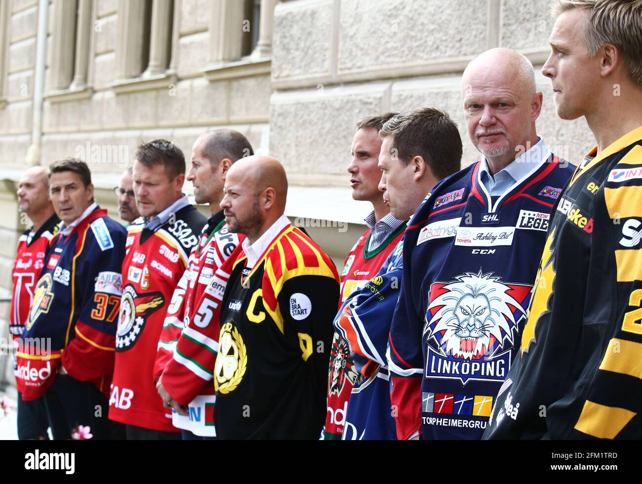 Tränare Roger Melin, Linköping HC, LHC, vor dem traditionellen Teambild, vor der Saison 2014/15, während einer Pressekonferenz in Norra Latin, Stockholm, Schweden. Stockfoto