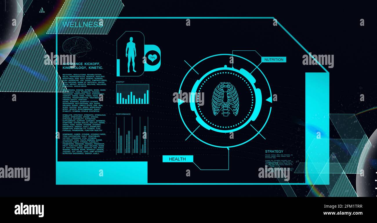 Animation der medizinischen Datenverarbeitung mit menschlichem Modell und Lunge Scannen im Scope auf Schwarz Stockfoto
