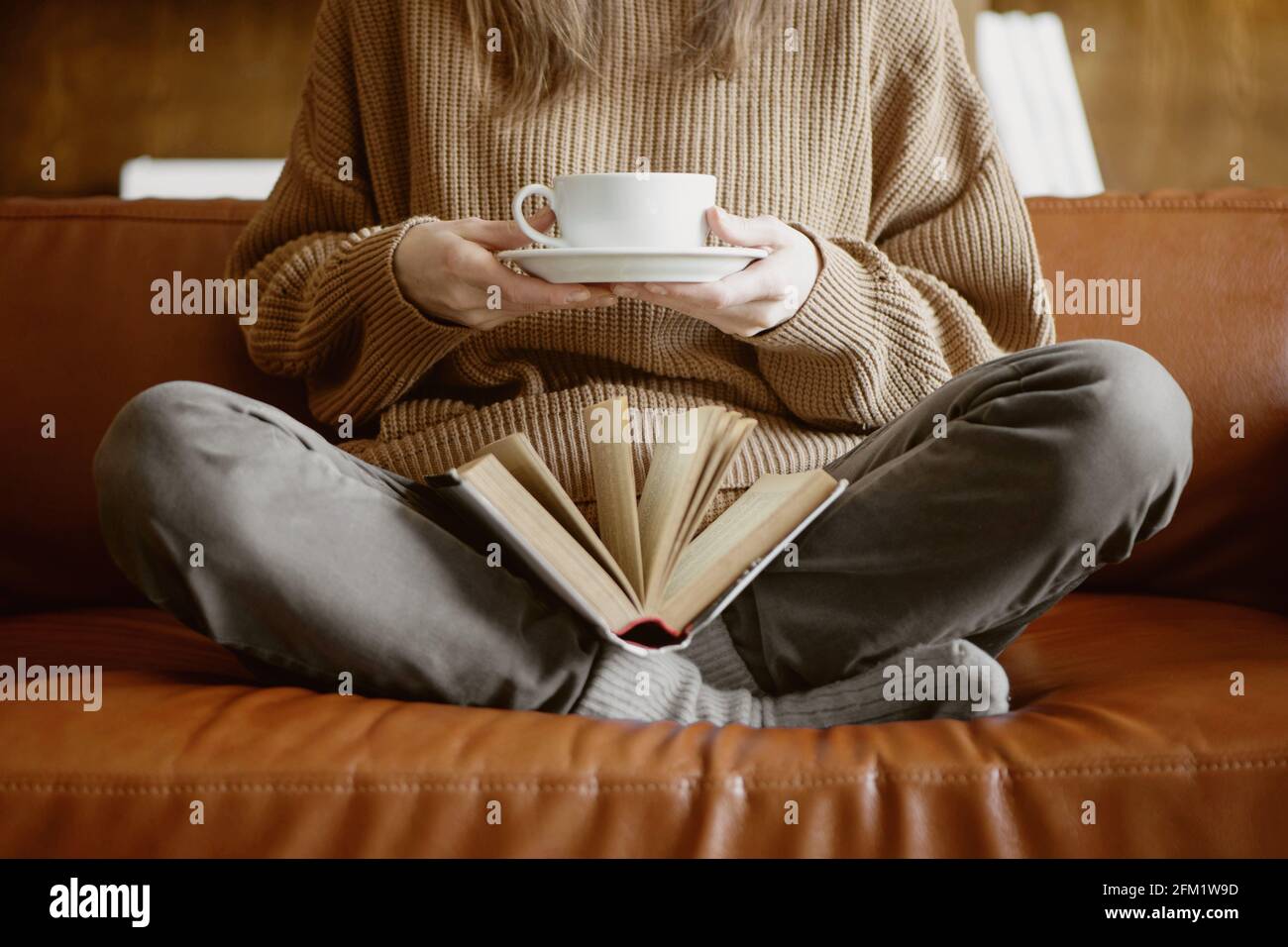 Zugeschnittenes Bild einer Frau, die auf der Couch sitzt und eine Tasse Tee hält und ein Buch liest. Stockfoto