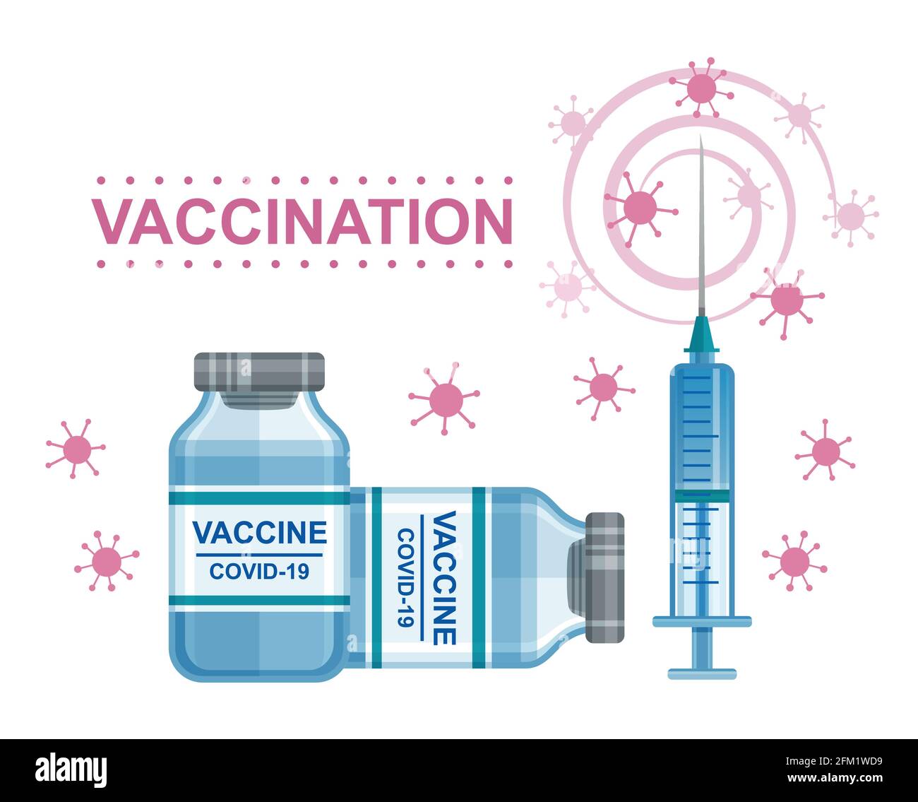 Coronavirus-Impfung. Covid-19-Impfstoff, Spritzeninjektion. Dosis Medikamentenlösung in der Flasche. Immunität Gesundheit, Immunisierung. Viren verhindern. Vektor Stock Vektor