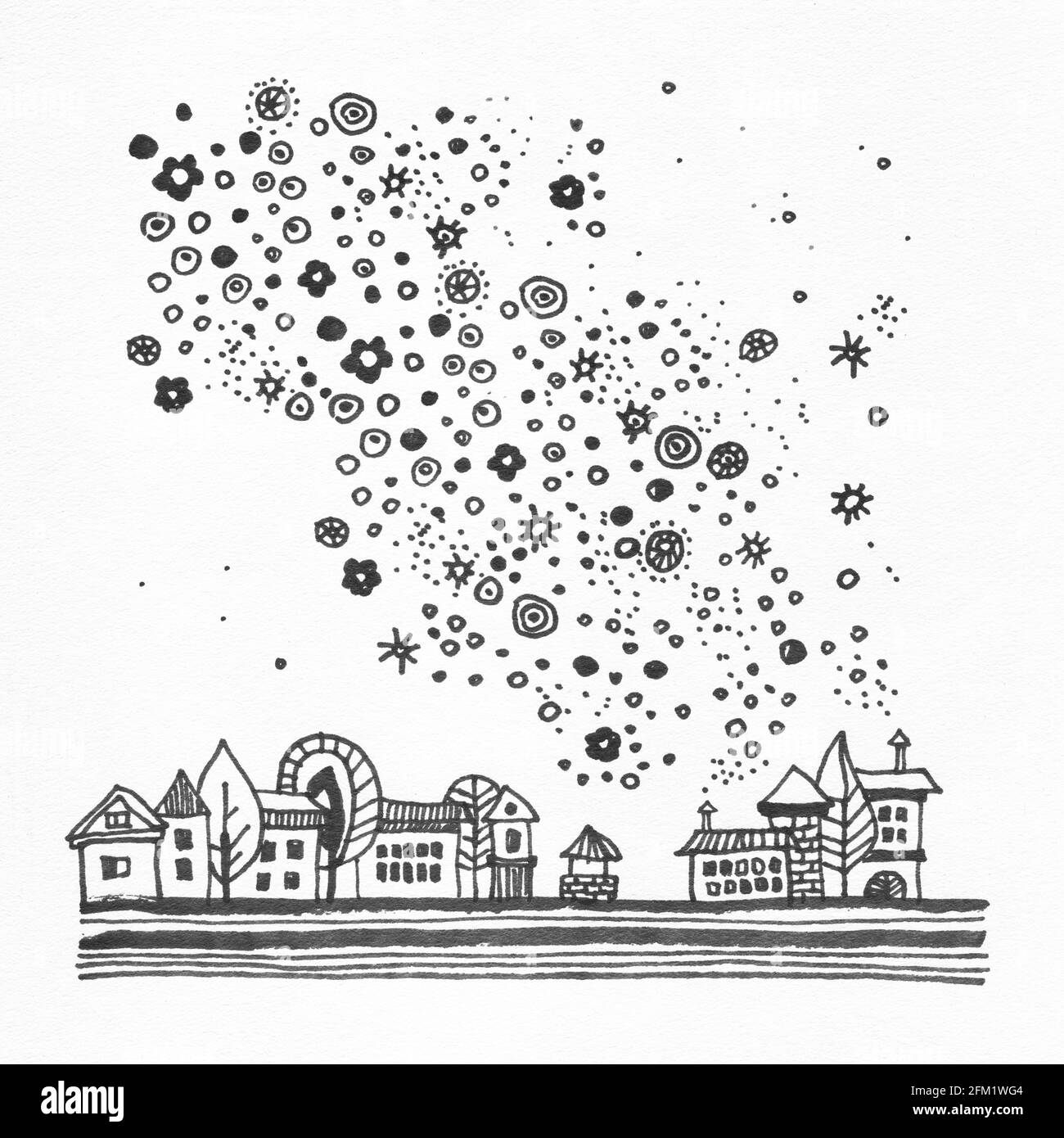 Abstrakte dekorative Landschaft Aquarell Illustration. Ruhiger Aquarell-Hintergrund mit Bäumen, Büschen und Hügeln. Aquarellmalerei mit schwarzer Farbkontur und Mustern. Poster, Hintergrund, Karte. Stockfoto