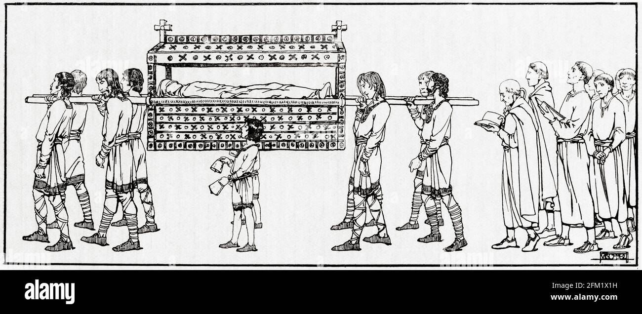 Trauerzug von Edward dem Bekenner, aus dem Wandteppich von Bayeux. Edward der Beichtvater, c. 1003/1005 - 1066. Angelsächsischer König von England. Aus Everday Life in Anglo-Saxon, Viking and Norman Times, veröffentlicht 1926. Stockfoto