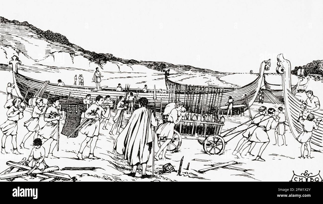 Bau der Schiffe für die normannische Invasion von England durch Wilhelm den Eroberer, 1066, nach dem Wandteppich von Bayeux. Aus Everday Life in Anglo-Saxon, Viking and Norman Times, veröffentlicht 1926. Stockfoto