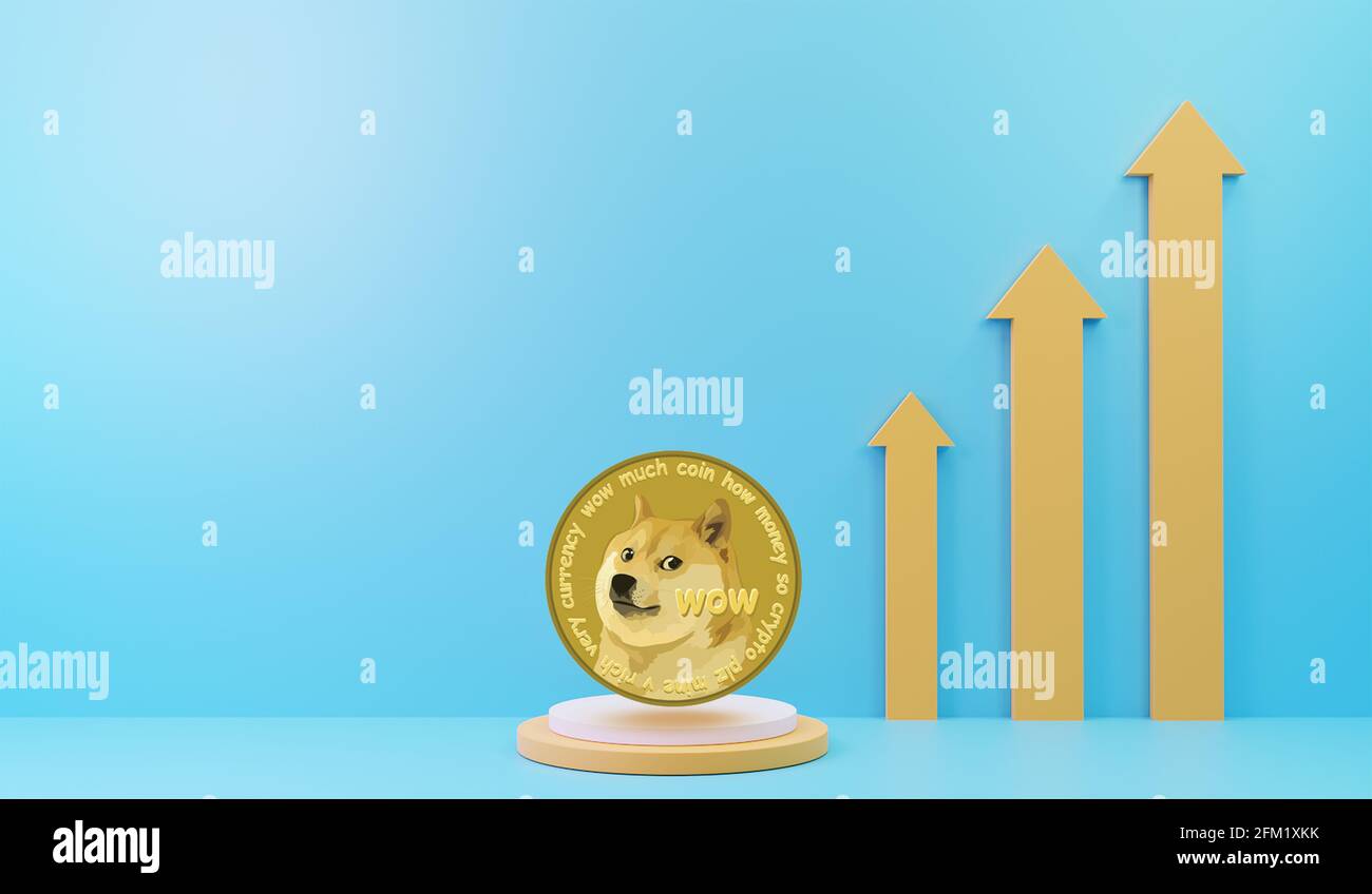 Dogecoin Münze Hintergrund. Dogecoin Kryptowährungsprognose . Preiserhöhung, Wachstum. Schwankungen und Prognosen der Kryptowährungsrate. Dogecoin Stockfoto