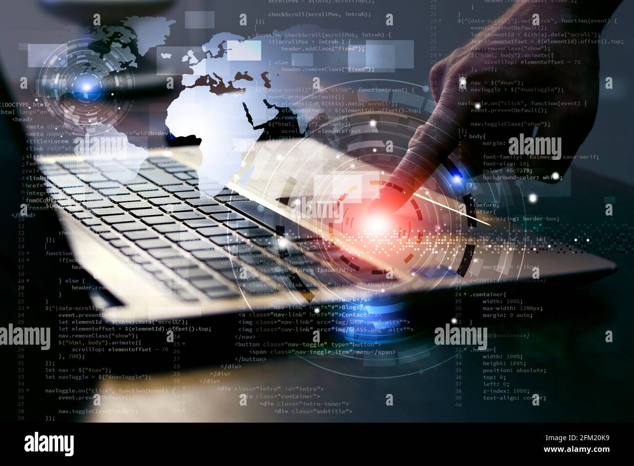 Finger auf Laptop Programmierung Web-Entwicklung. Front-End-Web-Entwickler. Mix Media Hintergrund Stockfoto