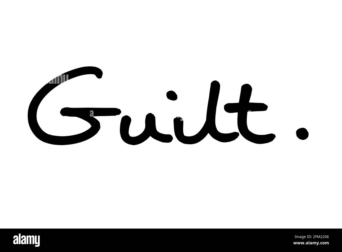 Schuld, handgeschrieben auf weißem Hintergrund. Stockfoto
