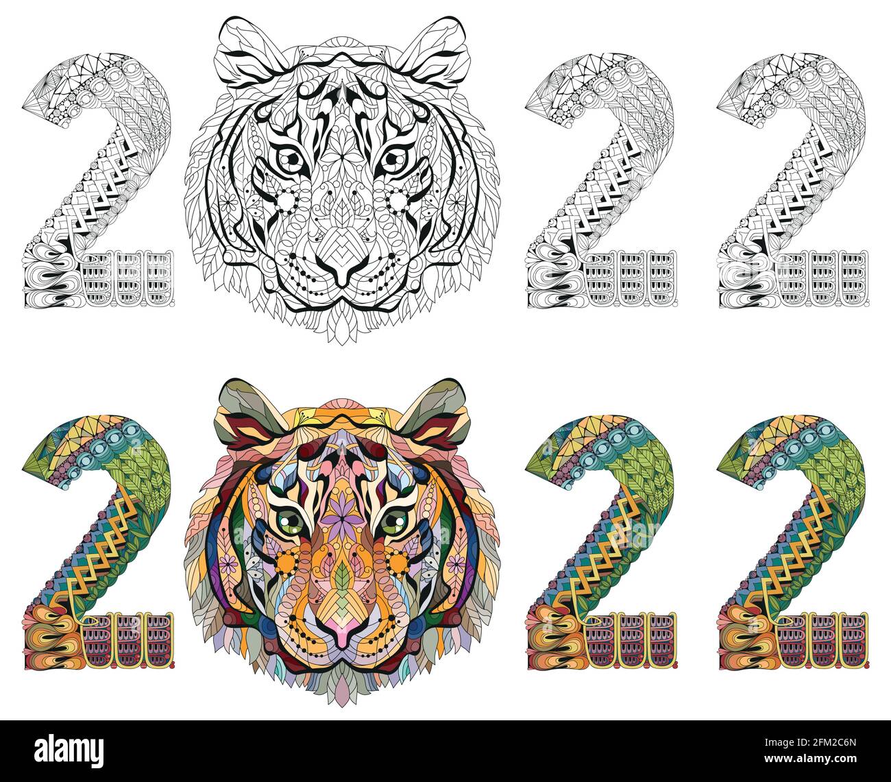 Handgezeichneter zentangle Tiger Nummer 2022 zum Färben, für T-Shirt und andere Dekorationen Stock Vektor