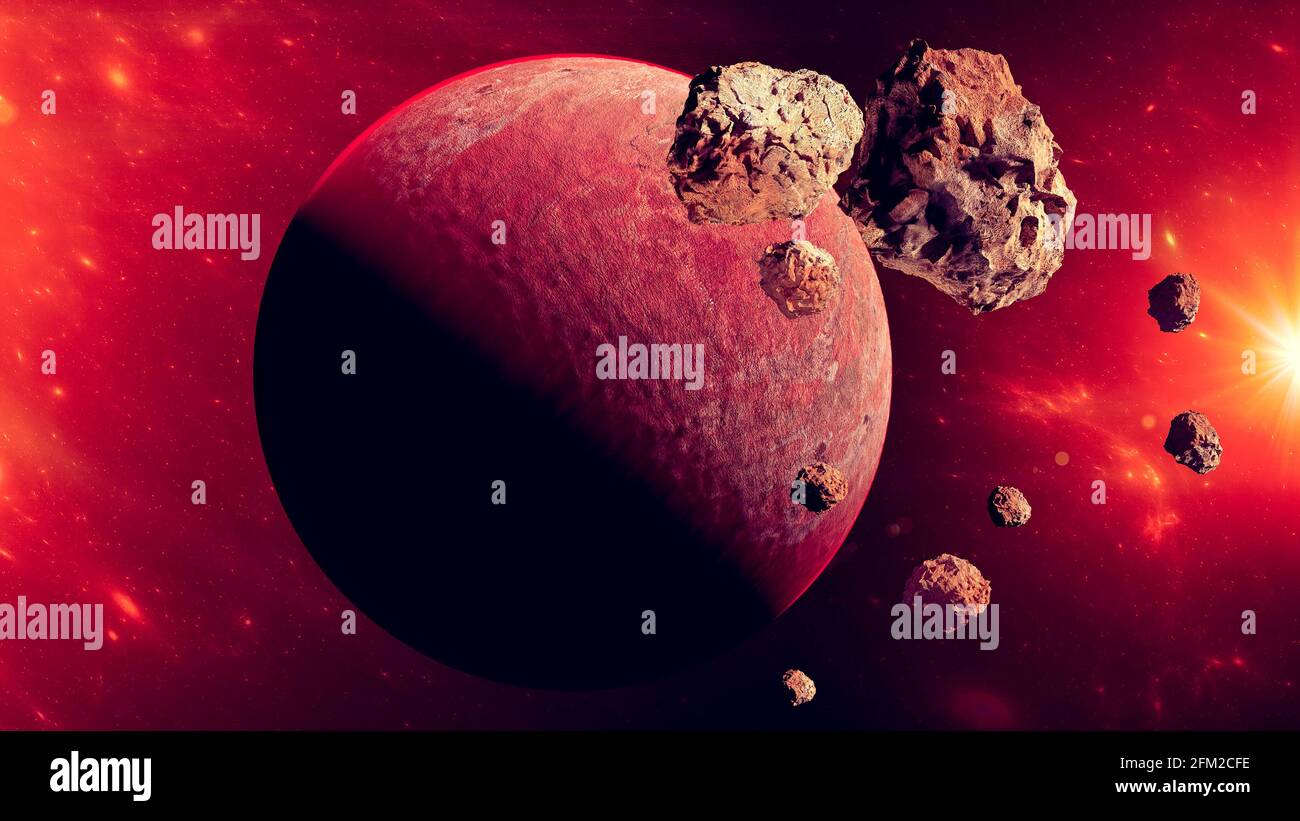 Planeten und Exoplaneten von unerforschten Galaxien. Sci-Fi. Neue Welten zu entdecken. Erforschung von Nebel und Galaxien. Aeroide Stockfoto