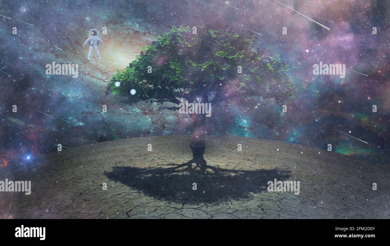 Astronaut schwebt über einem fremden Planeten. Baum in verwüstlicher Landschaft. Sci-Fi-Kunst Stockfoto