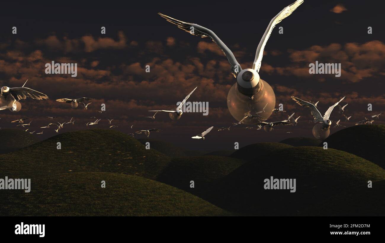 Geflügelte Ideen fliegen nachts über grünen Hügeln. 3d-Rendering. Stockfoto