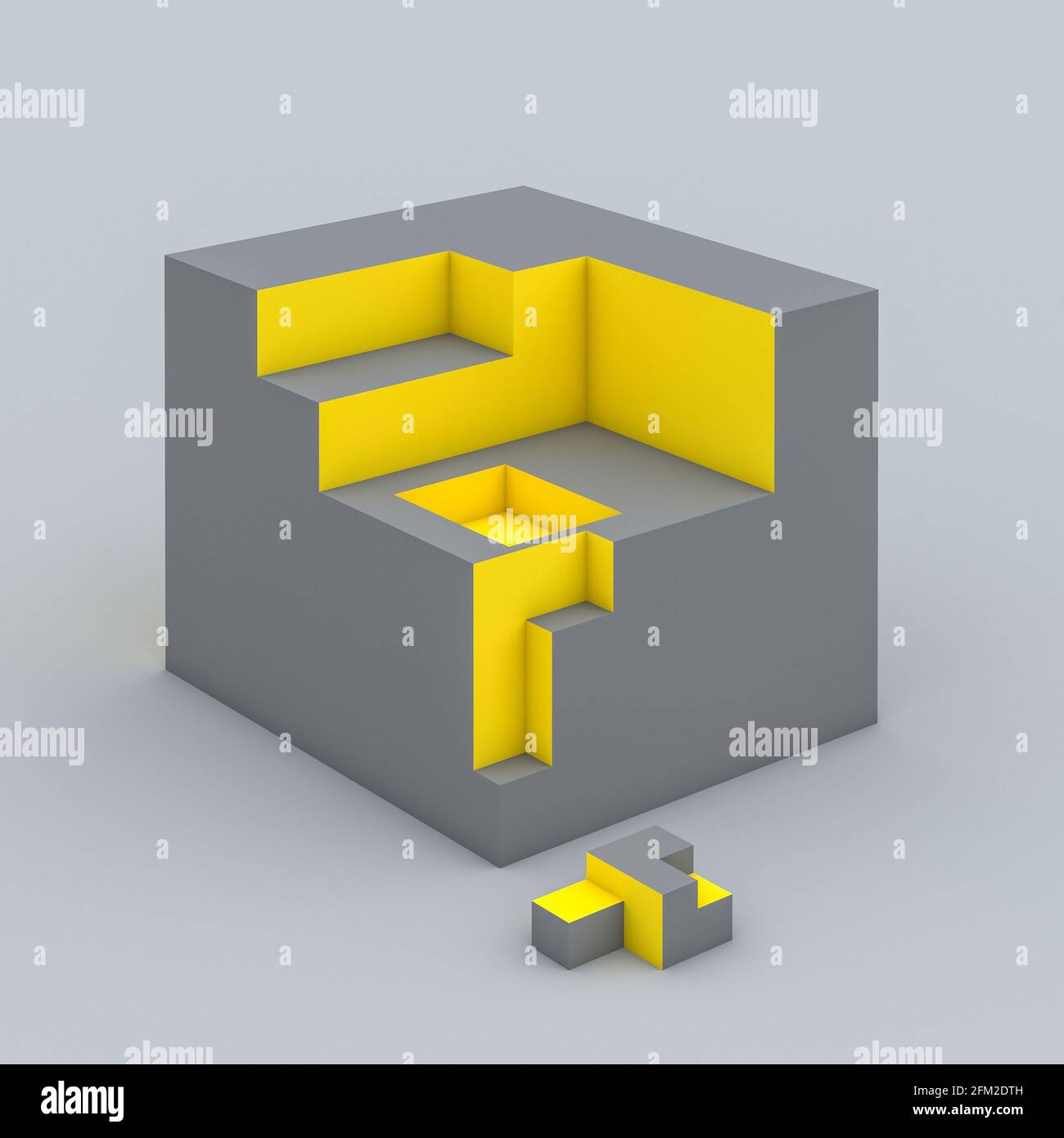 Geometrisches Muster mit kubischen Formen in Grau- und Gelbtönen. 3d-Rendering. Stockfoto