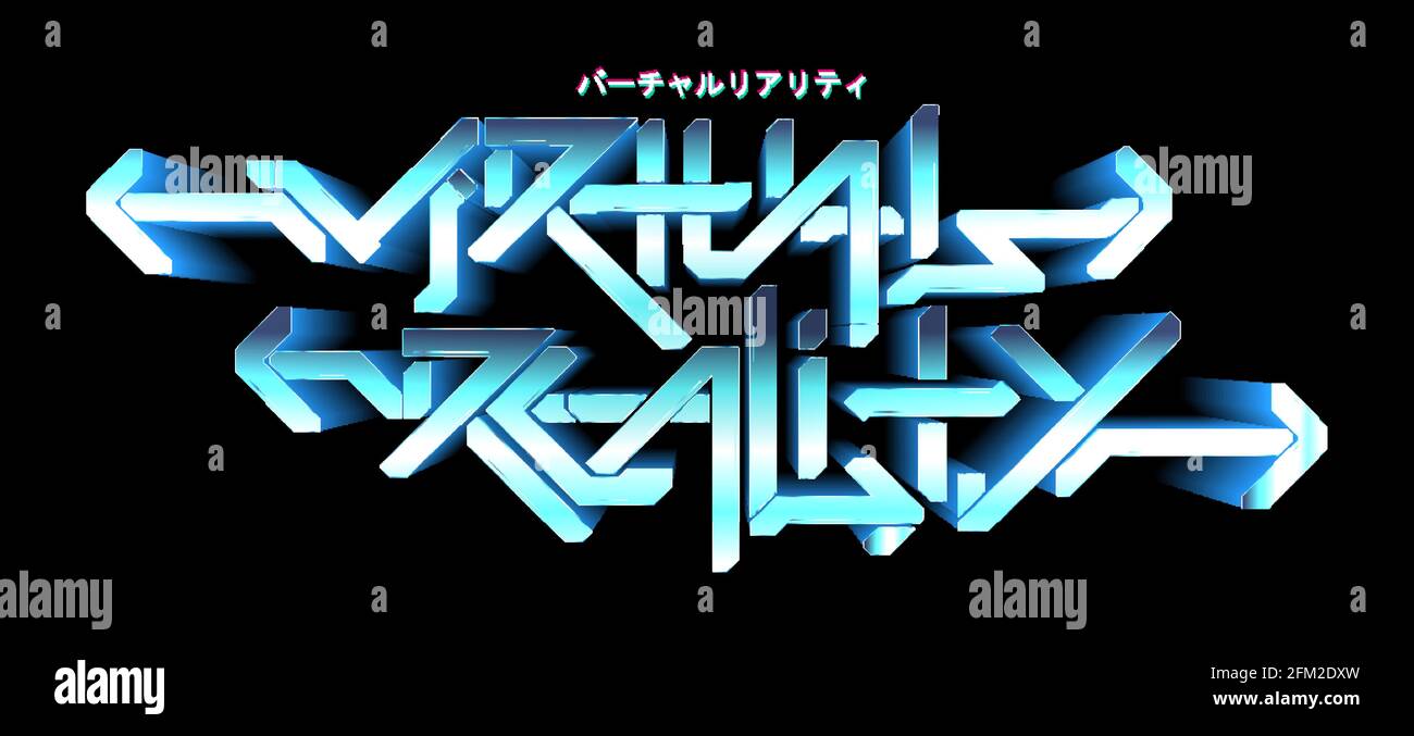 Digitaler Graffiti-Text - virtuelle Realität. Future Lettering 3D im Cyberpunk-Stil. Digitaler grafischer Text. Hi-Tech-Graffiti auf schwarzem Hintergrund isoliert Stock Vektor