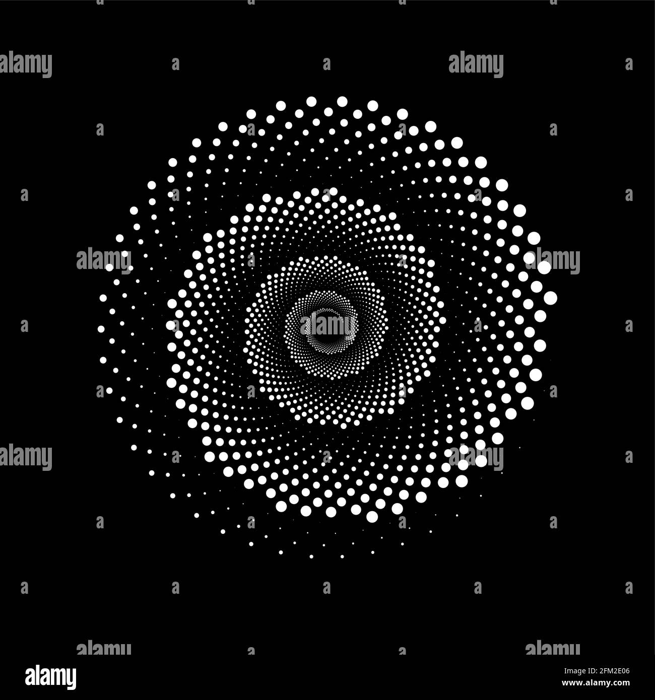 Weiße Punktspirale im monochromen Stil. Design-Helix für abstrakten Hintergrund. Abstrakte spiralförmige Klangwelle mit dynamischen Rhythmuspunkten. Vektorgrafik monochrom Stock Vektor