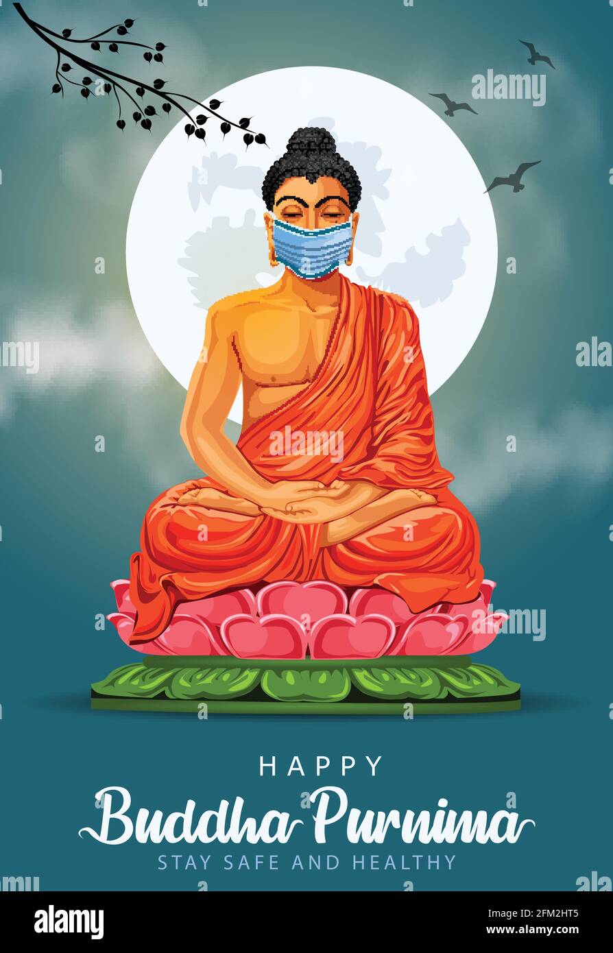 Happy Vesak Day, Buddha Purnima wünscht Grüße mit buddha trägt chirurgische Maske. Coronavirus oder covid-19 Konzept kann für Poster, Banner, lo verwendet werden Stock Vektor