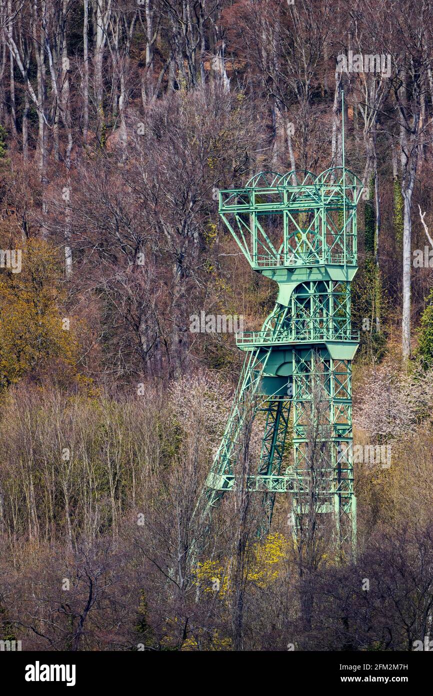 Kopfgestell der ehemaligen Zeche Carl Funke, Essen-Heisingen, Essen, Ruhrgebiet, Nordrhein-Westfalen, Deutschland Stockfoto