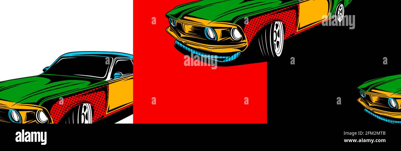 Oldtimer, der über die Straße raste. Pop Art weiße Autos. Handgezeichnete Illustration. Retro-Bezug. Autoposter. Sportcar-Banner Stockfoto