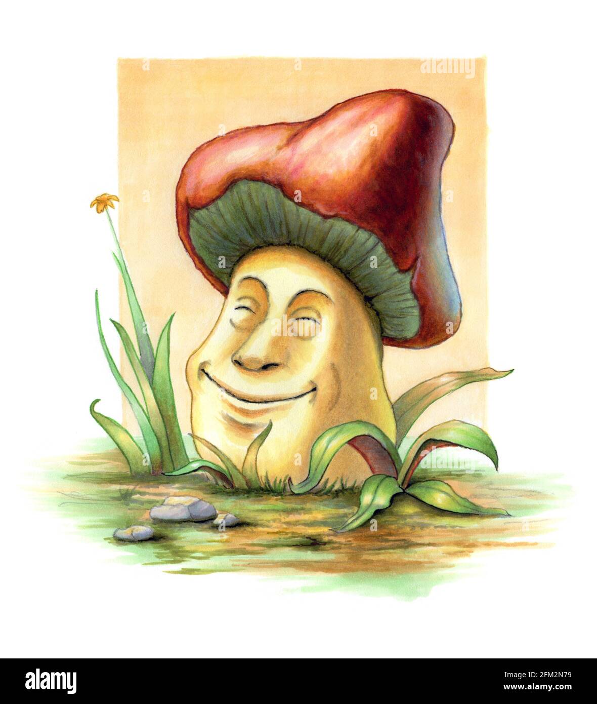 Lächelnder Pilz zwischen einigen Grashalmen. Originalabbildung auf Papier. Stockfoto