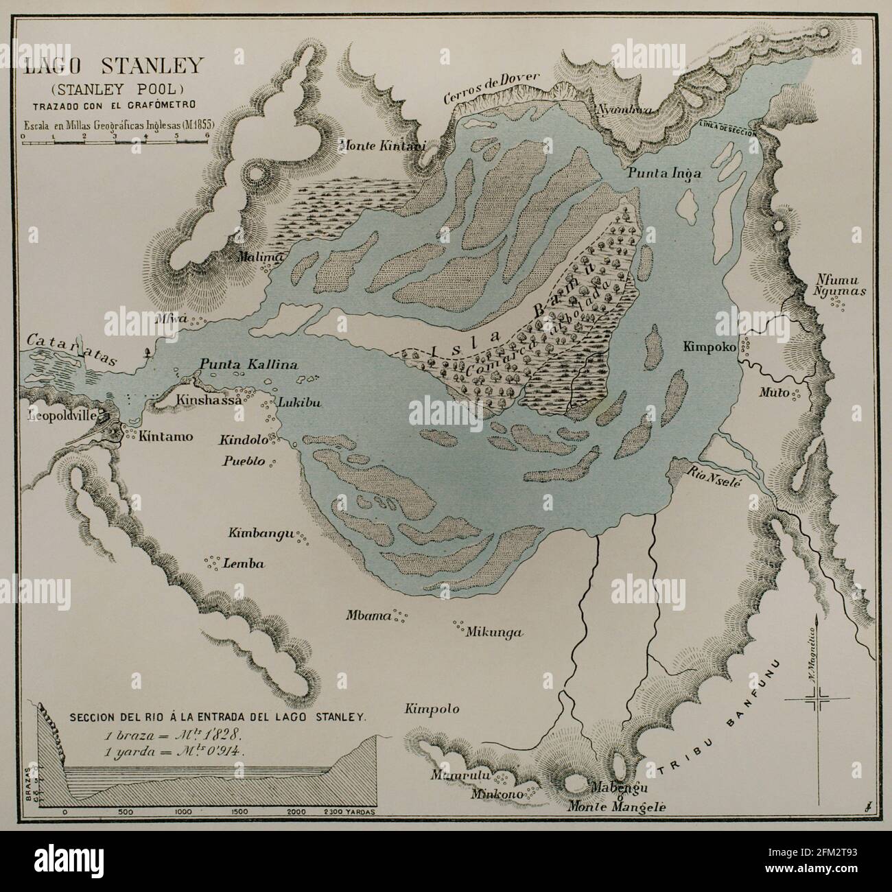 Geschichte Afrikas. 19. Jahrhundert. Karte des Stanley Lake. Gravur. El Congo y la Creación del Estado Independiente de este nombre. Historia de los trabajos y Exploraciones Verificados (der Kongo und die Gründung seines Freistaates. A Story of Work and Exploration), von Henry M. Stanley. Herausgegeben in Barcelona, um 1890. Spanien. Stockfoto