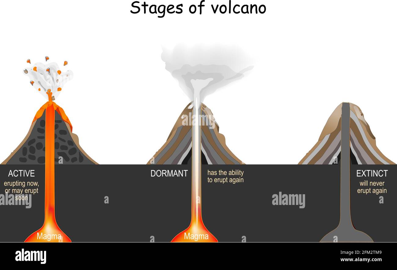 Vulkanische Stadien: Aktiv, ruhend und ausgestorben. Vektorgrafik Stock Vektor