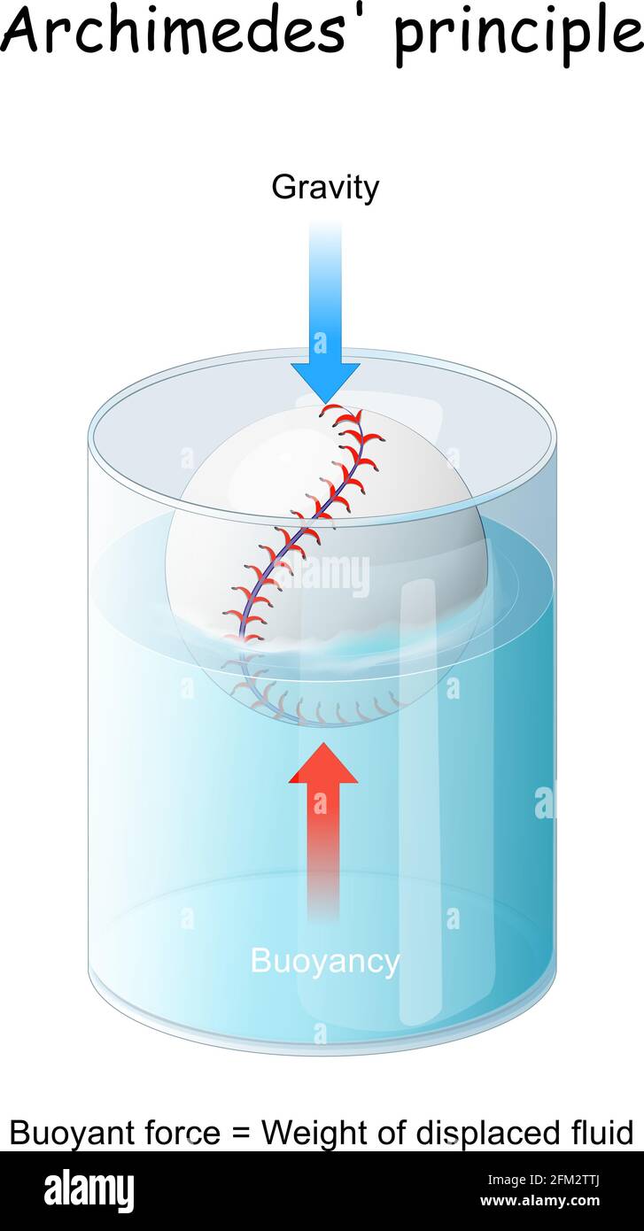 Auftrieb und Archimedes-Prinzip. Ball schwimmt in einem Glas. Experiment in Physik Lektion. vektor-Diagramm Stock Vektor