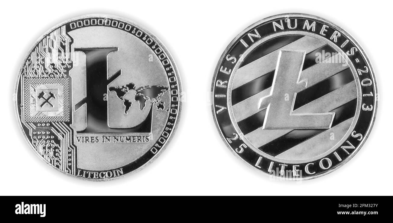 25 silberne Litecoins isoliert auf weißem Hintergrund, beide Seiten auf Kryptowährung-Münze, Blockchain-Litecoin-Symbol-Nahaufnahme Stockfoto