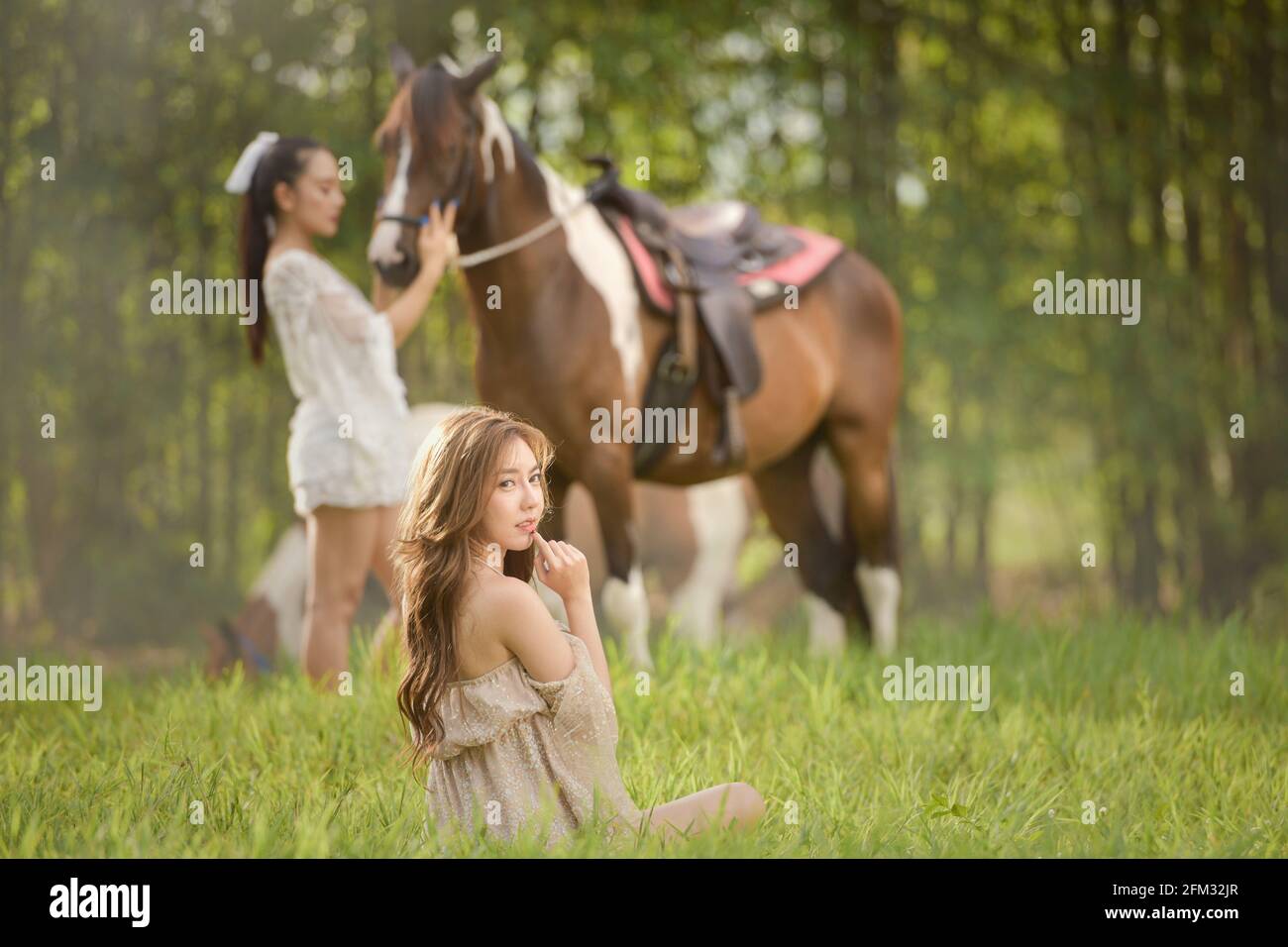 Zwei Frauen auf einer Wiese mit einem Pferd, Thailand Stockfoto