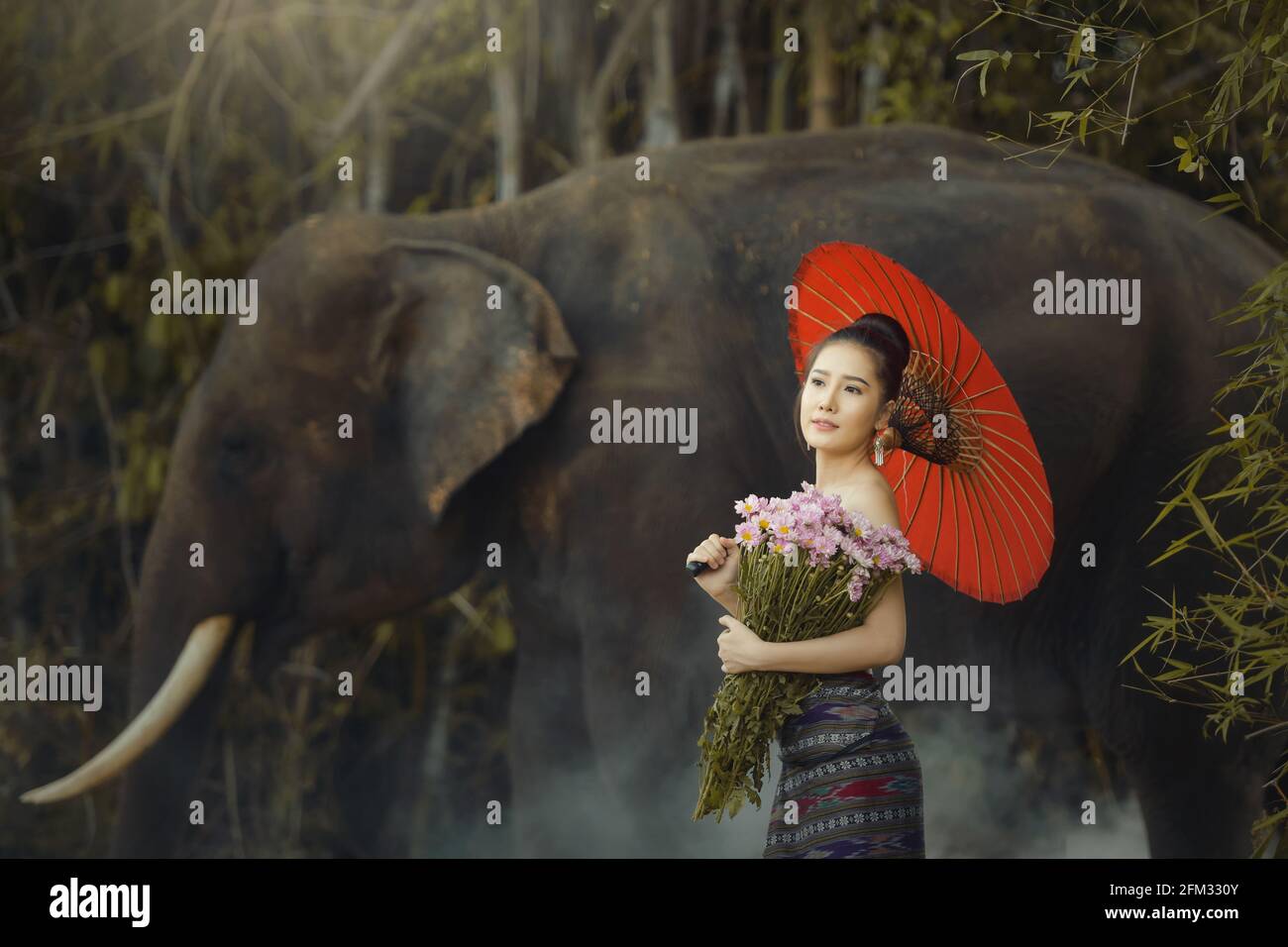 Schöne Frau mit einem Blumenstrauß, der neben einem Elefanten steht, Thailand Stockfoto