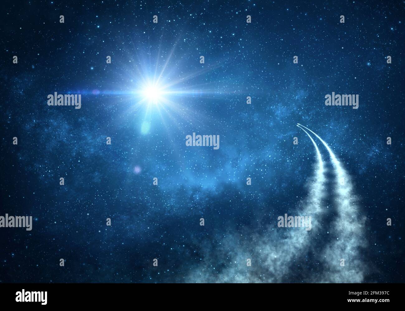 Raumschiffe, die in den Weltraum reisen und das Universum, Sternenkonstellationen und Nebel erkunden. Kometen, Meteore und ein riesiges Sternenlicht in der Nacht des Himmels Stockfoto
